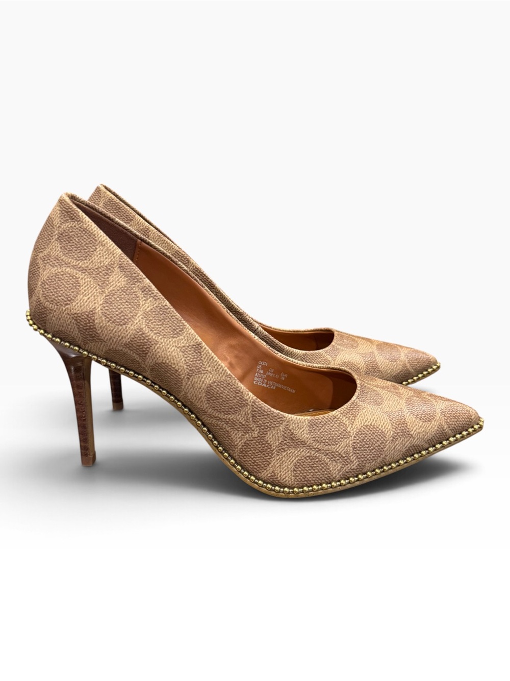 Coach Signature C Waverly Pointed Toe Pumps 7.5 B Brown Tan Bead Chain Heels